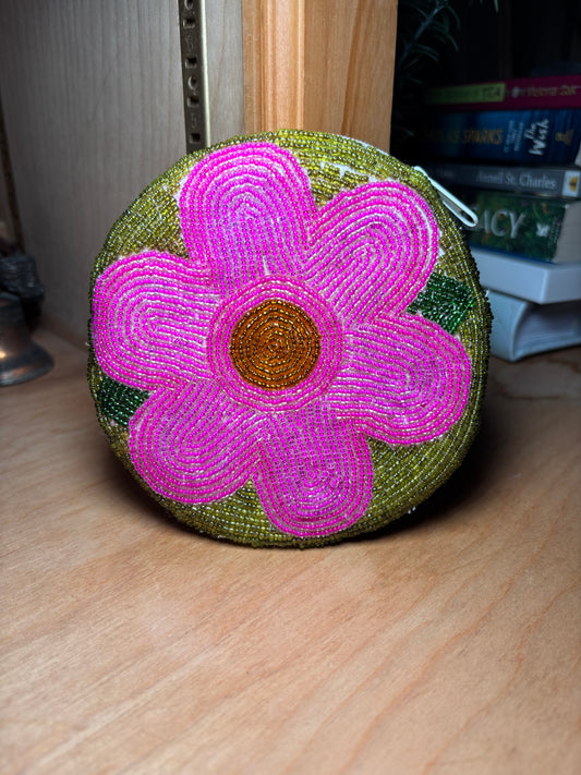 Vintage Round Flower Pattern Fully Beaded  Coin Purse