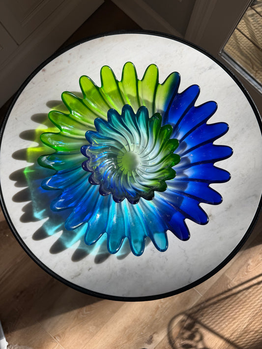 Murano Style Blue Green Art Glass Bowl Set | Sculptural Mid Century Modern Centerpiece