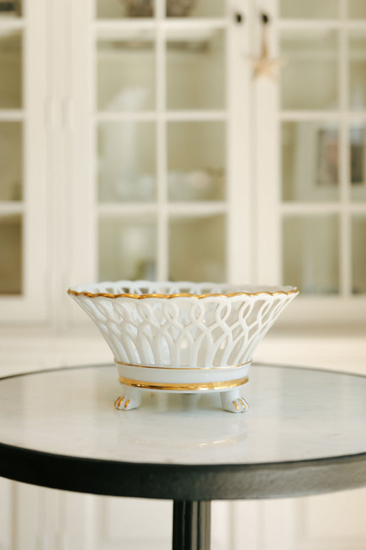 White and Gold Pierced Porcelain Compote Basket