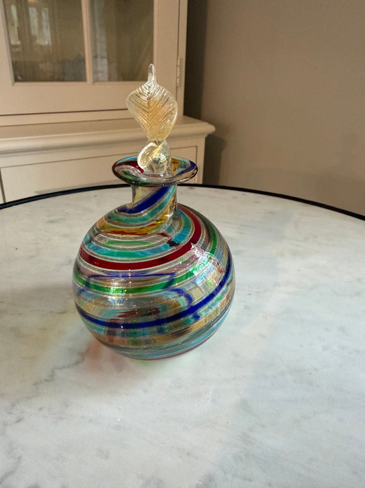Vintage Murano Style Hand Blown Art Glass Perfume Bottle – Colorful Venetian Swirl Glass Vanity Bottle with Stopper