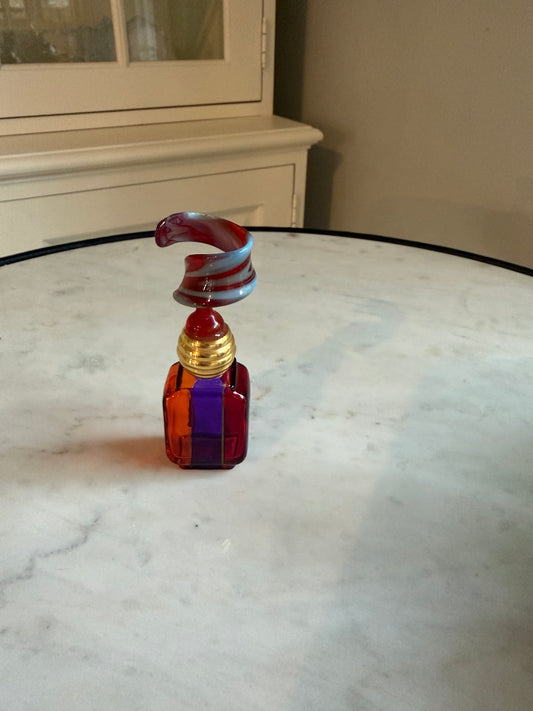 Vintage Murano Style Art Glass Perfume Bottle with Twisted Ribbon Stopper – Red & Purple Venetian Glass Vanity Bottle