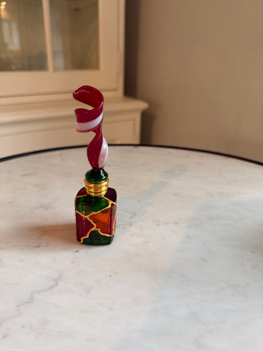 Vintage Murano Style Multicolor Art Glass Perfume Bottle with Twisted Ribbon Stopper – Venetian Vanity Bottle