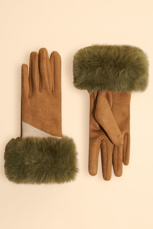 Bettina Two Tone Faux Fur Cuff Gloves- Sand