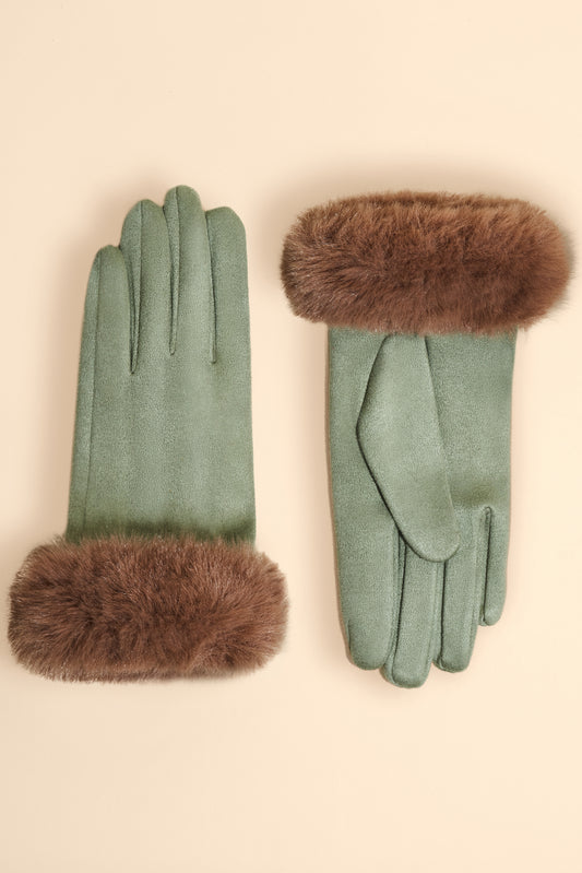 Bettina Faux Suede Gloves in Sage/Teddy Color