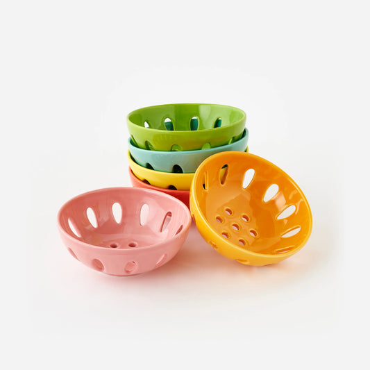 Colorful Ceramic Berry Bowls – Set of 6 | Vintage Inspired Colander Bowls | Cottage Kitchen Decor