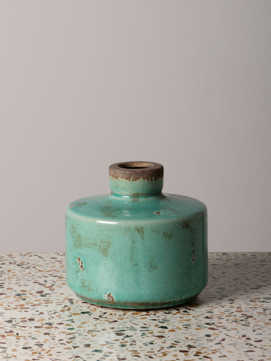 Wide bottle vase in aqua blue