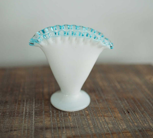 Fenton Milk Glass Aqua Crest Ruffled Edge Vase